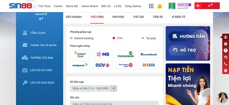 Nạp tiền vào Sin88