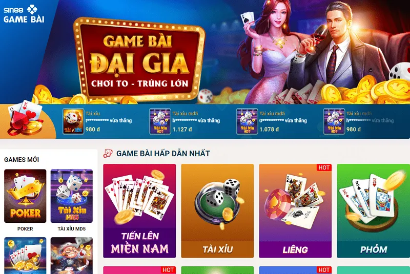 Game bài Sin88  với các trò chơi phổ biến